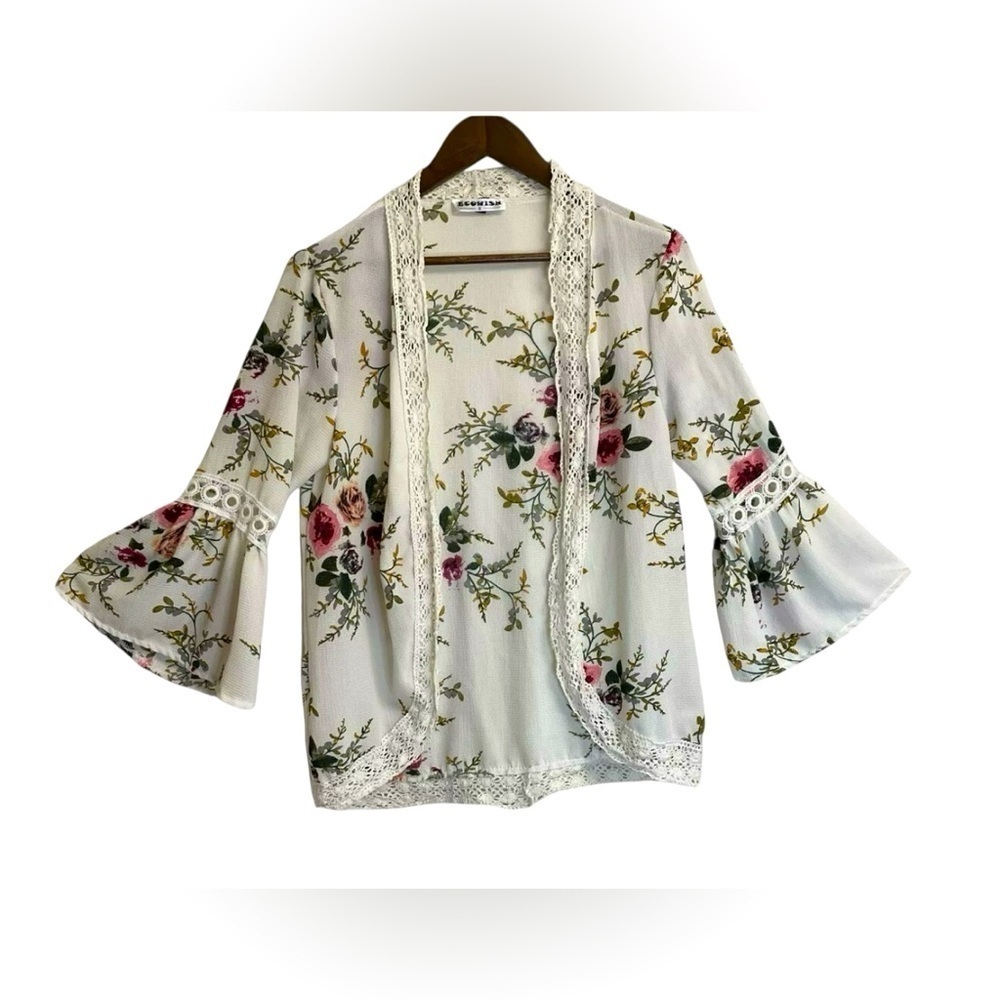 Ecowish Cardigan Women’s White Pink Green Floral Lace Accent Open Front XL